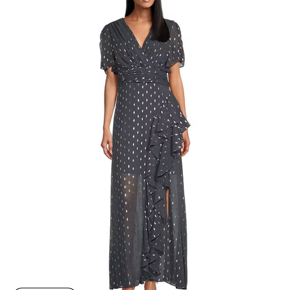 SLNY Gray and White Polka Dot Maxi Dress